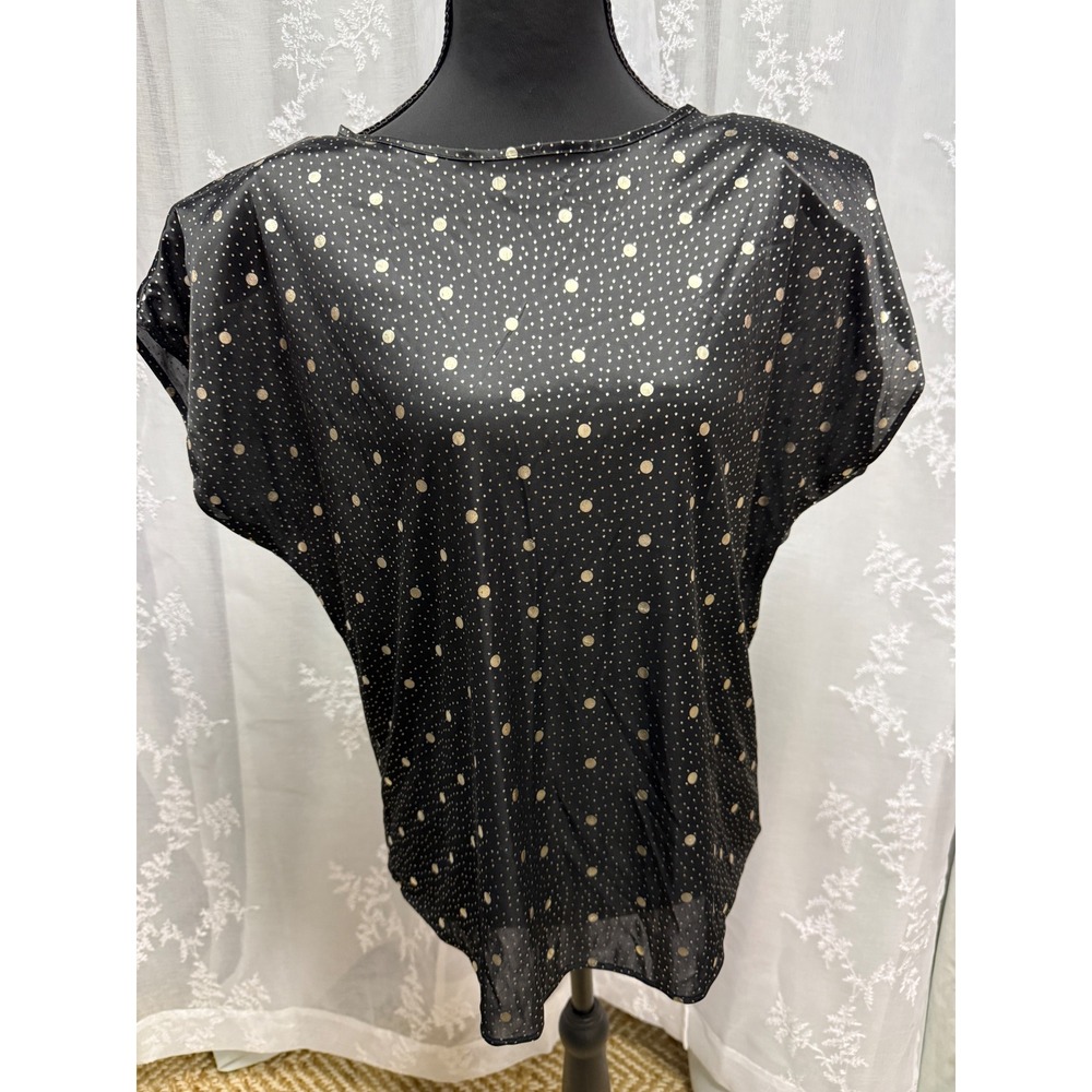 Vintage 80s TR Bentley Black Gold Polka Dot Satin Shoulder Pad Blouse Top M